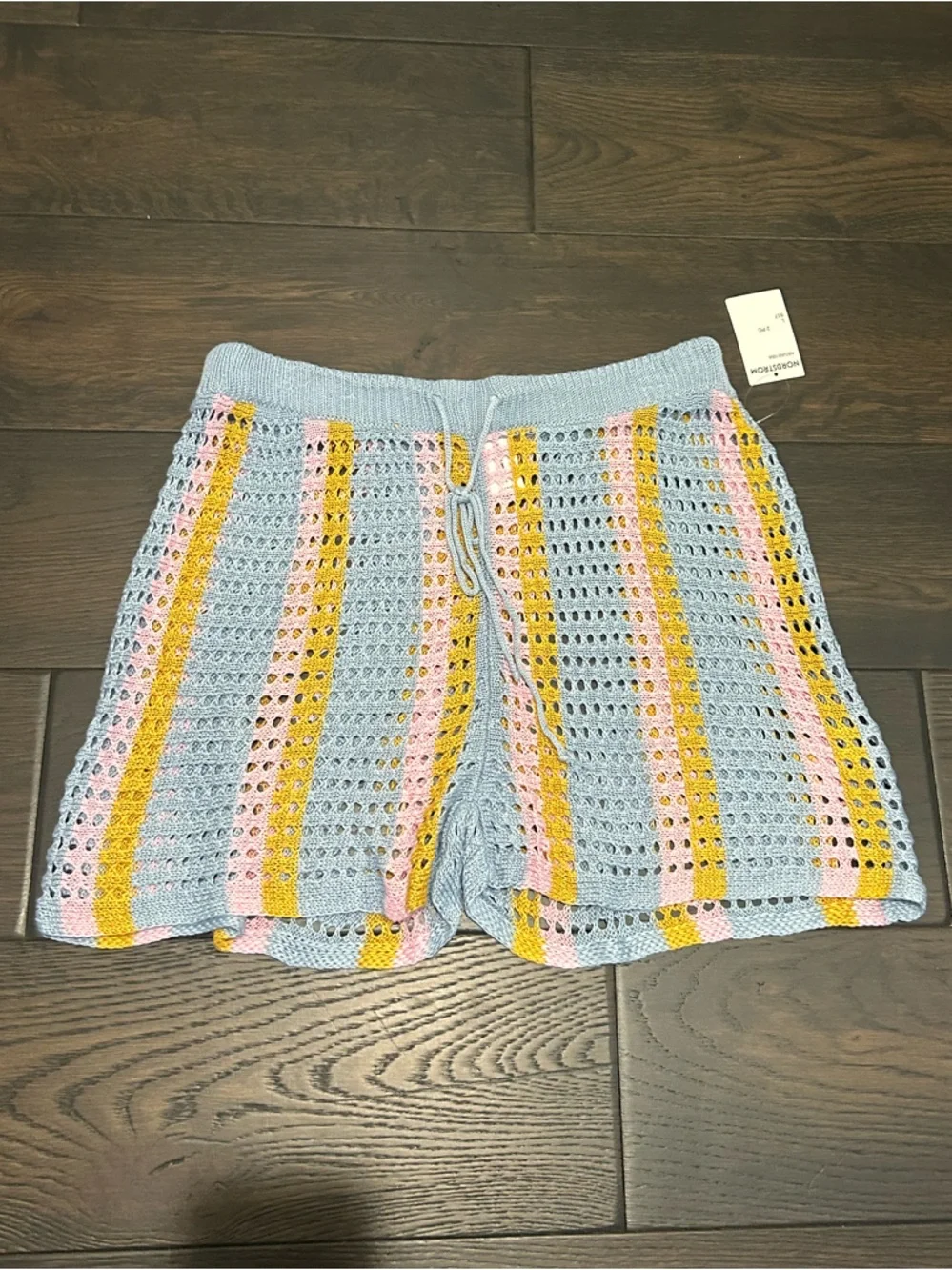 NWT Abound Blue Mustard Boho Open Knit Stripe Crochet Drawstring Shorts
